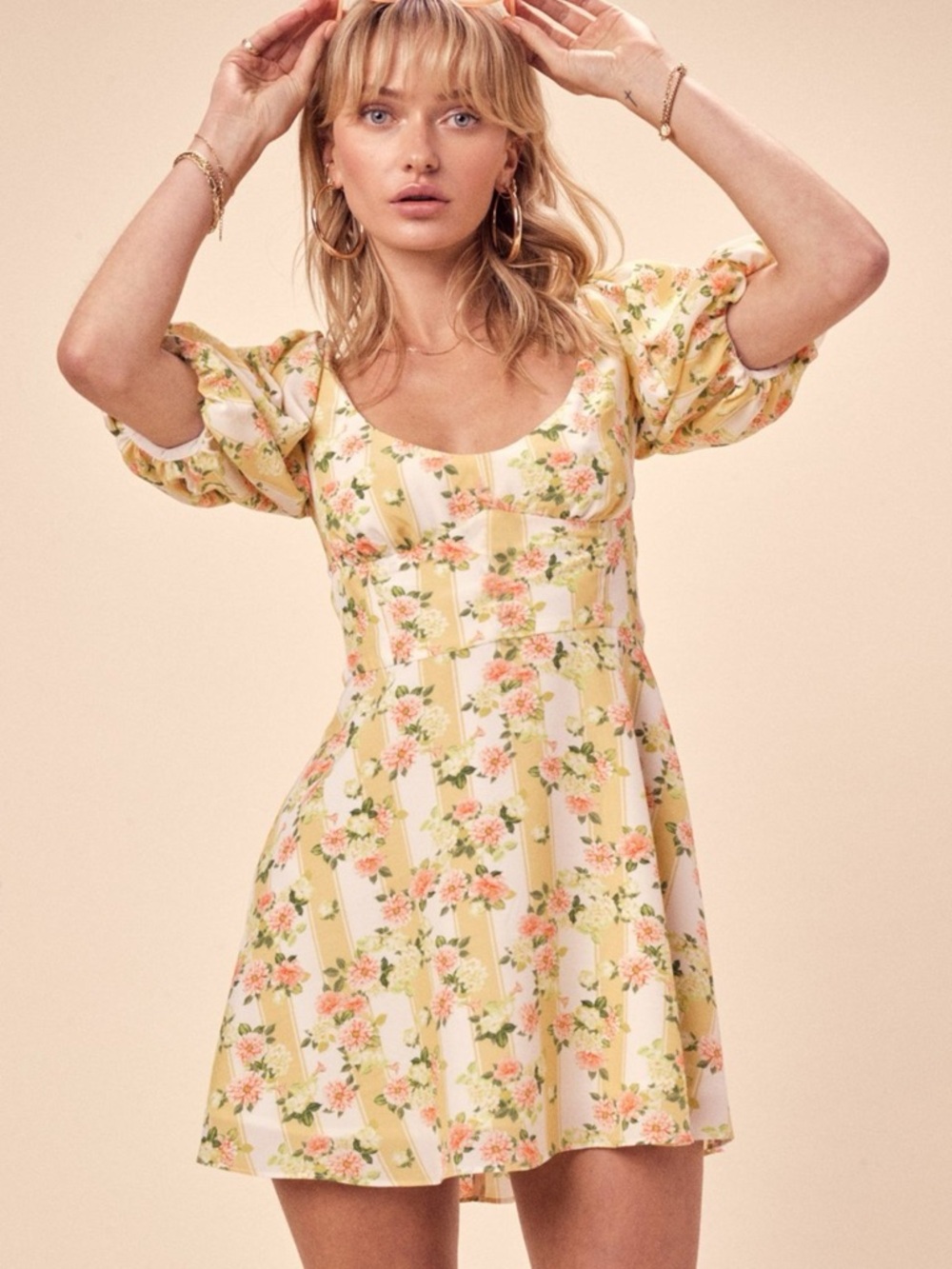 For Love & Lemons Atlanta Yellow Floral & Striped Puff-Sleeve Mini Dress NWT XS